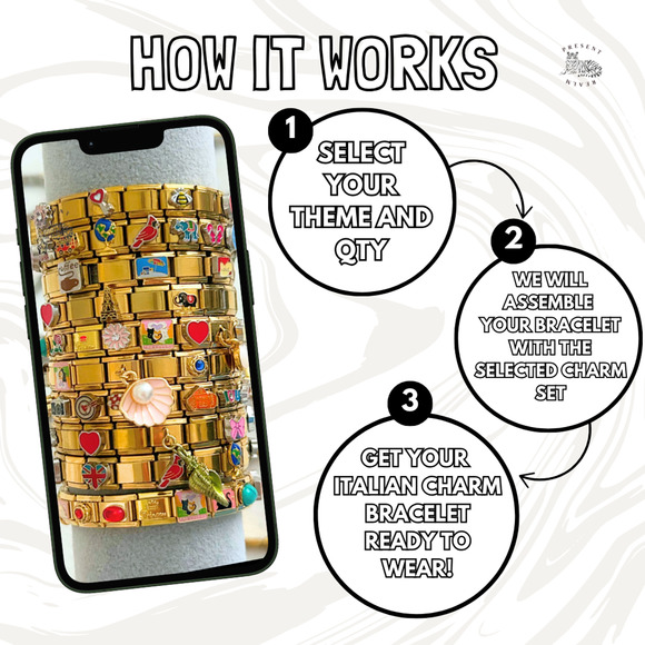 Feminine Italian Charm Bracelet Golden READY TO WEAR w/ 9 Decorated Charms - Picture 5 of 5